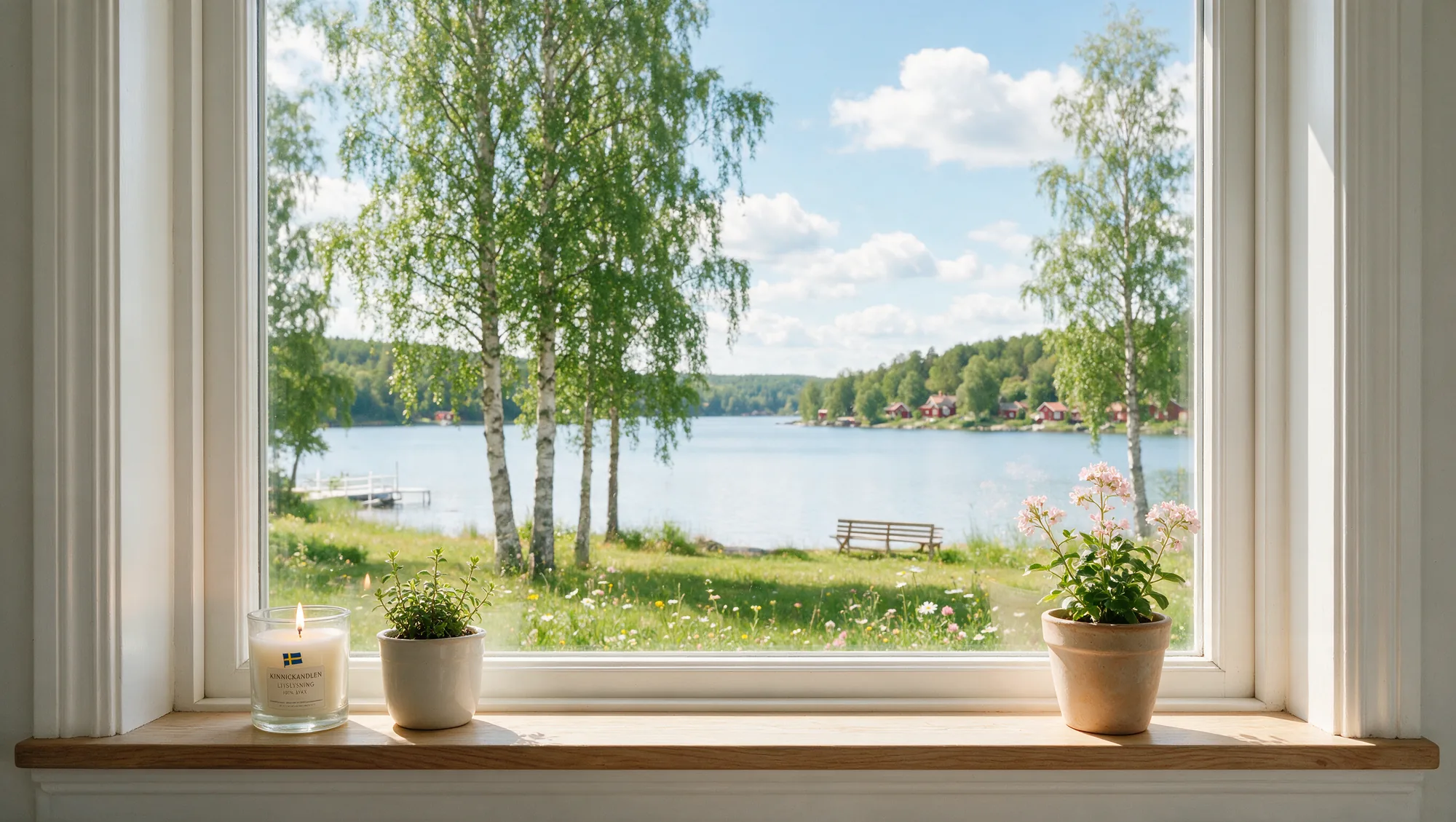 Nyputsat fönster med sommargrönskan utanför