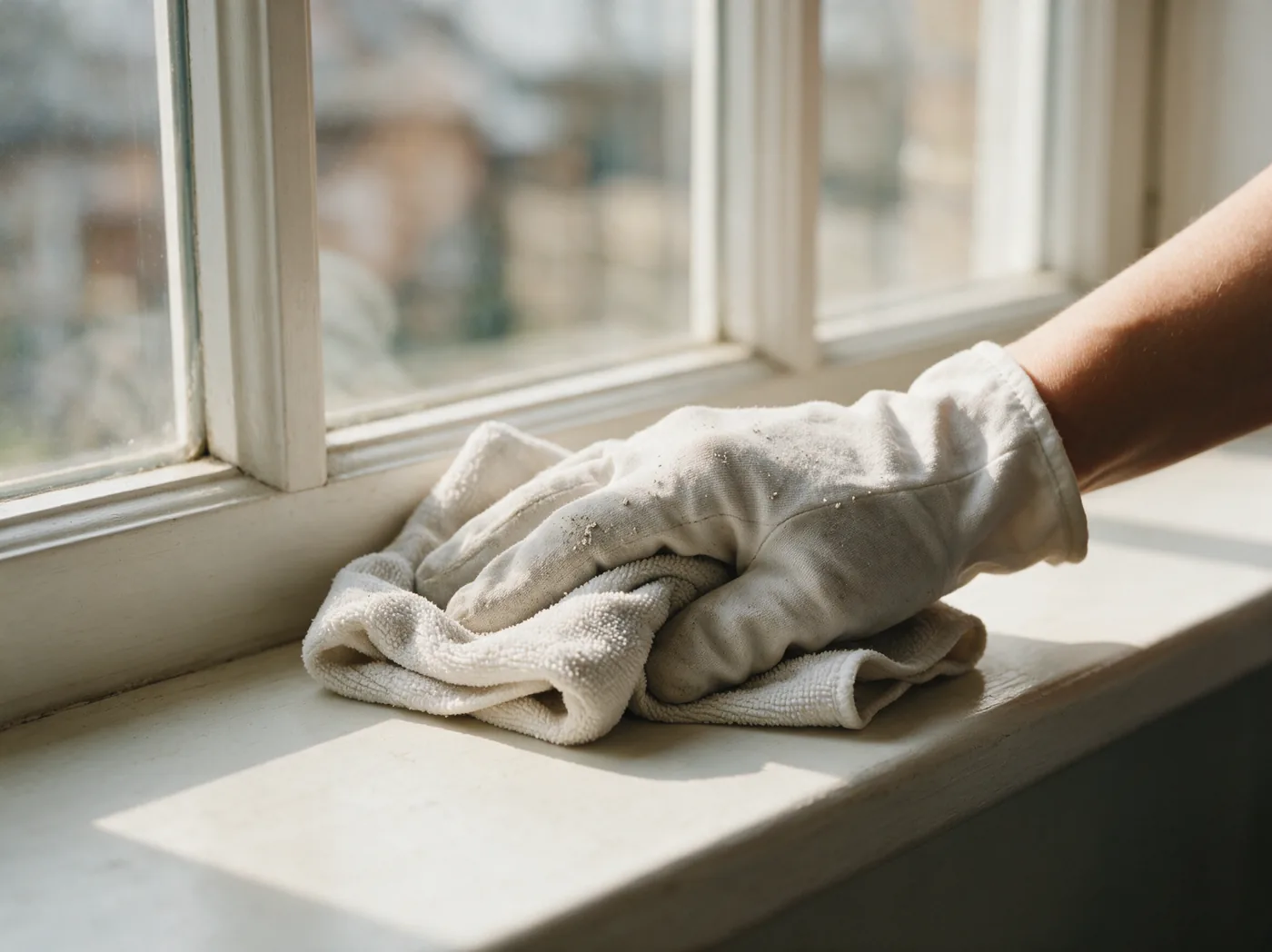 Hand som torkar av en vit fönsterbräda med en microfiberduk